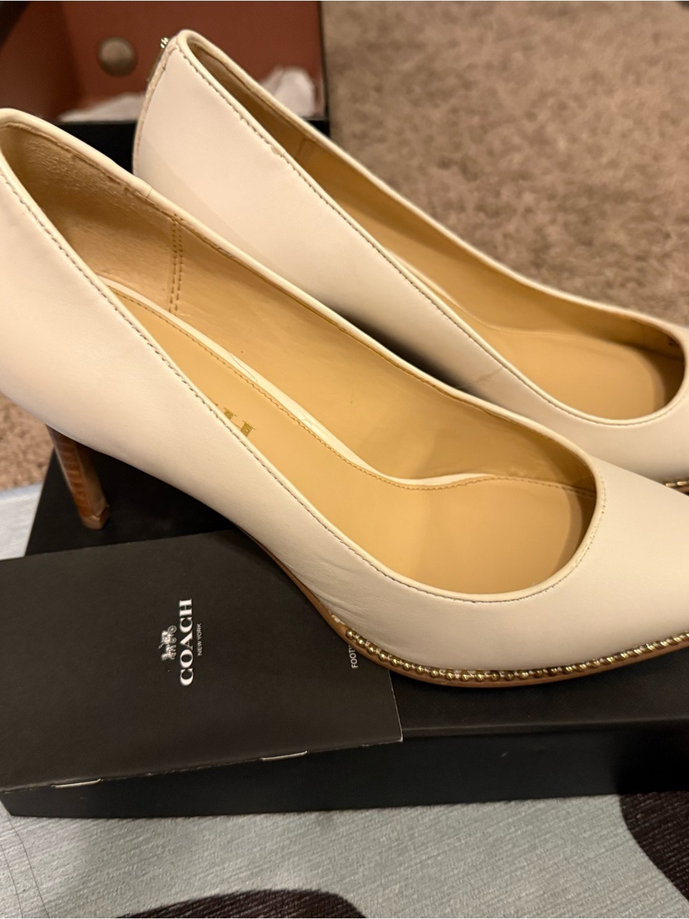 COACH Cream Leather Mid Heel Pumps with Gold Trim